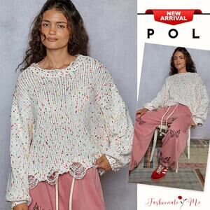 POL Round Neck Distressed Hem Long Sleeves Oversized Pullover Sweater | White